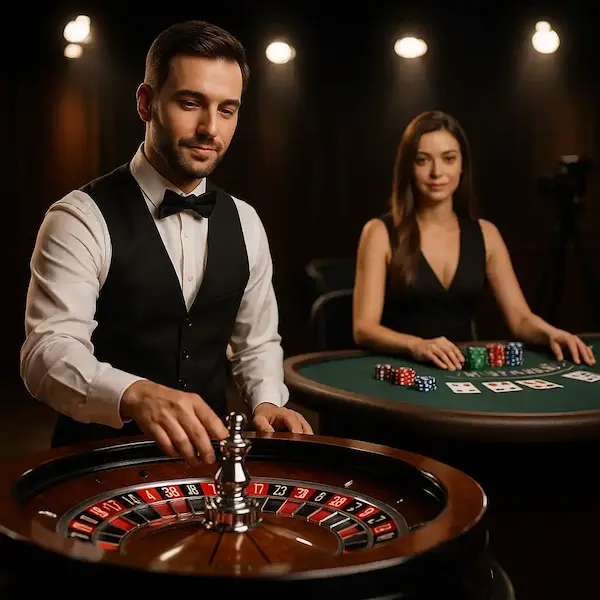 Live casino studio with roulette and blackjack tables